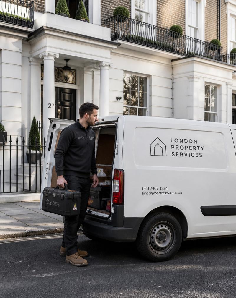 Professional tradesperson with a branded van outside a London property